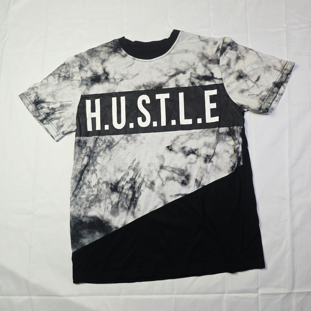 Carbon Men's H.U.S.T.L.E. Graphic T-Shirt Size Small Black Grey Tie Dye P39